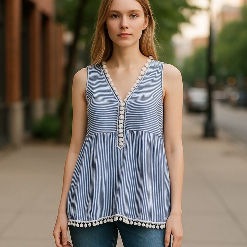 NEWBURY KUSTOM Blue & White Stripe Pom Pom Trim Boho Blouse ~ Women's MEDIUM